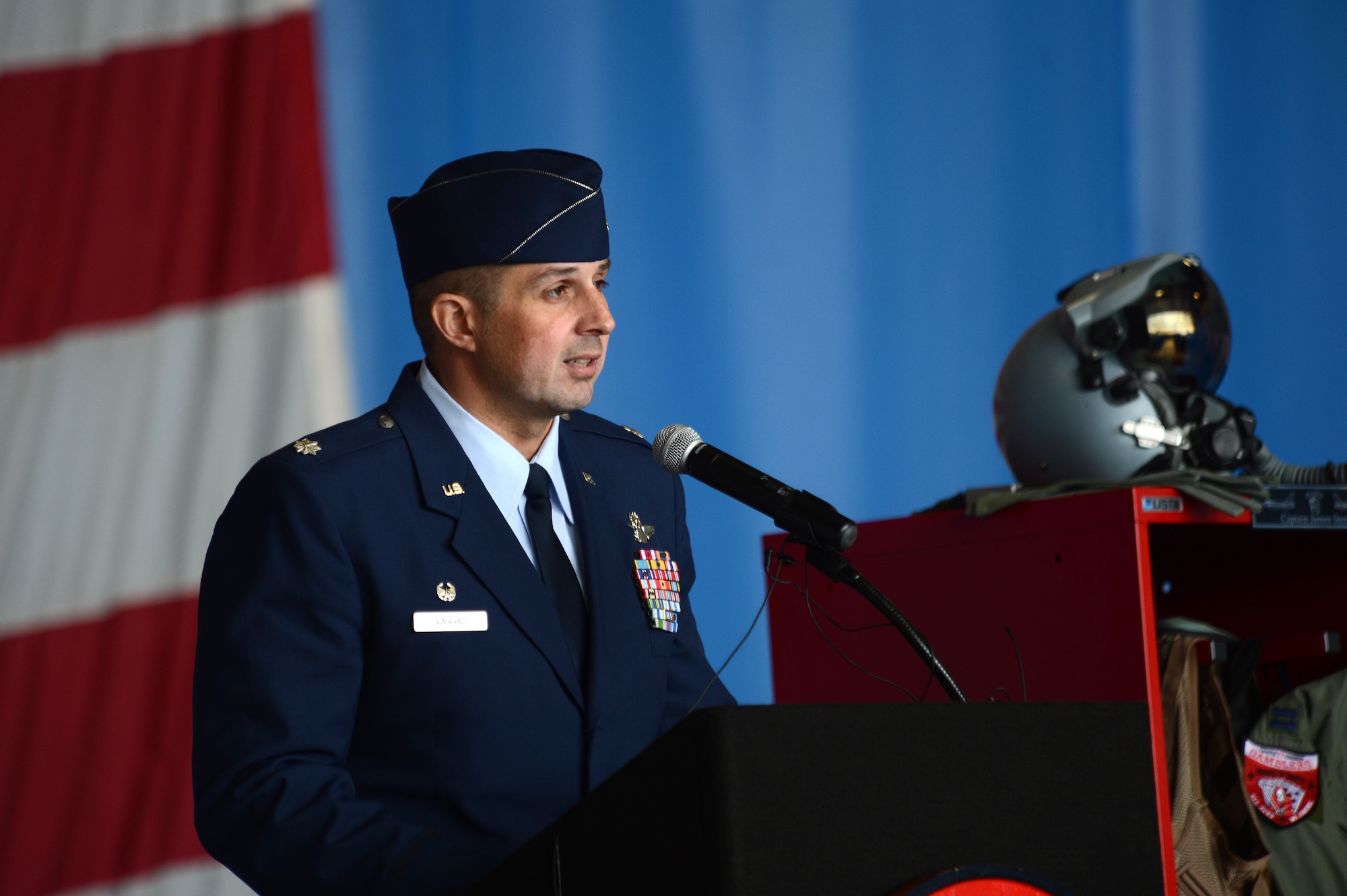U.S. Air Force Lt. Col. Johnny Vargas, 77th Fighter Squadron commander, speaks at a memorial ceremony at Shaw Air Force Base, S.C., April 30, 2013.  The memorial ceremony commemorated the life and accomplishments of Capt. James Steel, 77th Fighter Squadron pilot, who died in an F-16 Fighting Falcon aircraft accident, while deployed to Afghanistan.  (U.S. Air Force photo by Airman 1st Class Nicole Sikorski/Released)