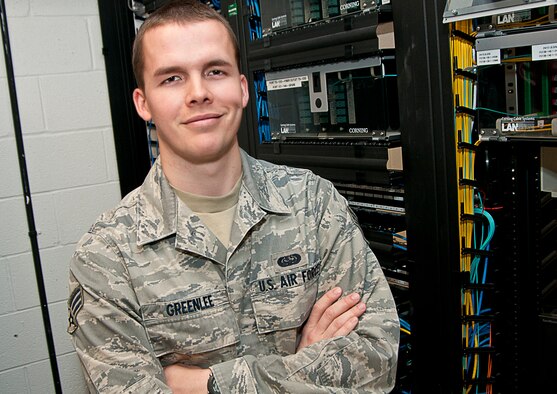 Senior Airman Arthur Greenlee, a cyber transport journeyman for the 167th Airlift Wing, was recently selected for a cyber officer position with the Delaware Air National Guard. Greenlee impressed his co-workers with his willingness to take on any job tasked to him and his ability to learn new skills quickly. (Air National Guard photo by Master Sgt. Emily Beightol-Deyerle/Released)