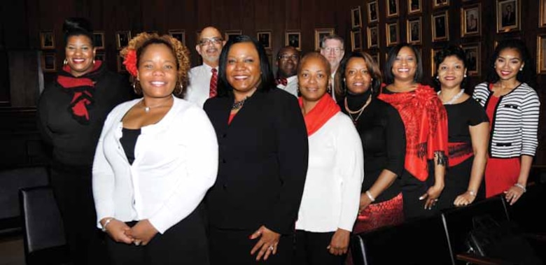 Members of the district choir perform for the first time. Front row, left to right, Foluke Houston (EEO), LaQuetta Glaze (ACE-IT), Kim
Wooten (EC), Valerie Marshall (Contracting), Pam Harris (Executive Office), Carla Wells (Contracting) and Sierra Marshall (Contracting).
Back row, LaTasha Martin (Contracting), Leo Ramos (Internal Review), Matthew Davis (EEY) and Jim Pogue (PAO).