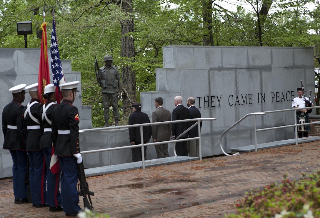 Marine veterans pay repects to the victims of a the Beirut Embassy bombing during a remembrance ceremony  at Lejeune Memorial Gardens, Jacksonville N.C. April 20. Sixty-three people died during the bombing April 18, 1983, including 17 Americans. 