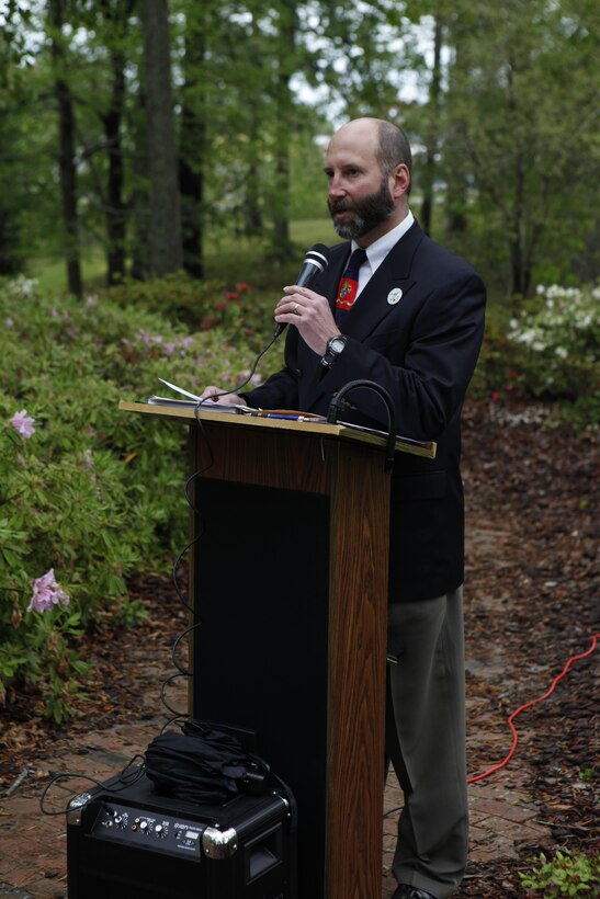 Andy Mull, a former Marine sniper, shares details the bombing in a remembrance ceremony at Lejeune Memorial Gardens in Jacksonville April 20. Mull and other veterans visited from throughout the country to commemorate the day. 