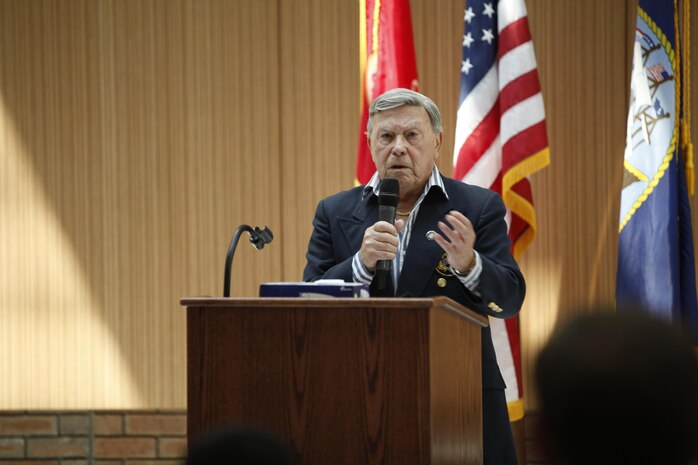 Morris Glass, a Holocaust survivor, speaks about his experiences during Naval Hospital Camp Lejeune's Day's of Remembrance April 9.  Glass, now in his mid-80s, lives in Raleigh, N.C. and speaks  about his experinces throughout the region.