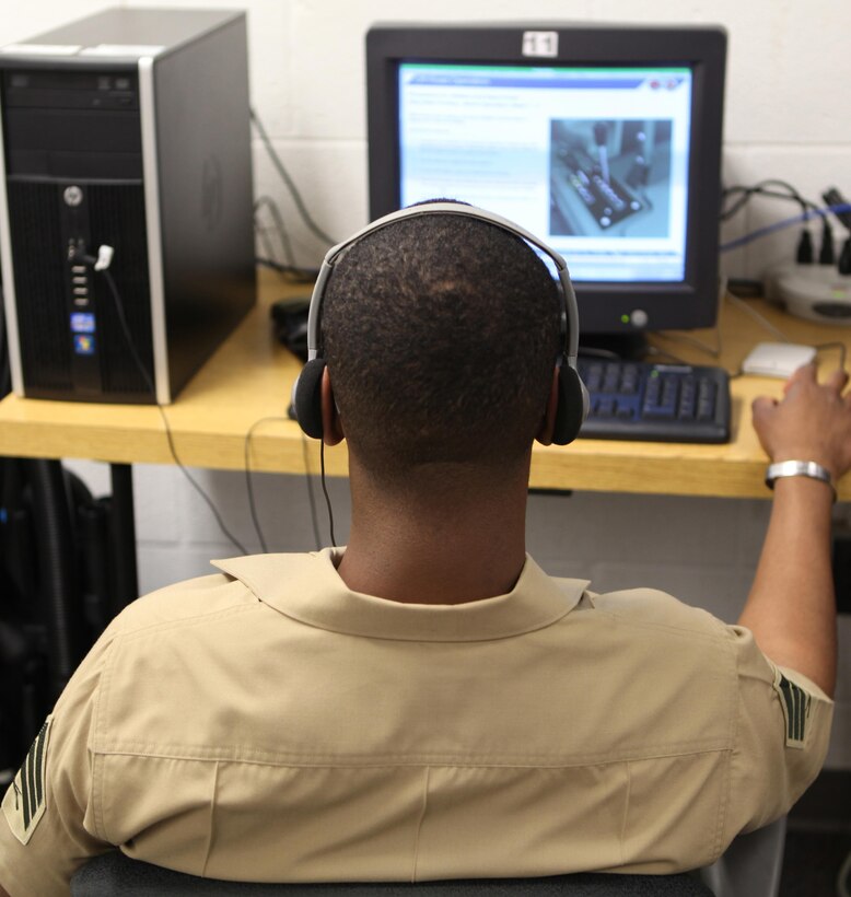 A Marine takes a  Marine Net course at the Learning Resource Center in the Base Library aboard Marine Corp Base Camp Lejeune April 26.  The Learning Resource Center has seven locations throughout Marine Corps Base Camp Lejeune and its satellite installations. The facilities provide workstations to complete the courses and proctors for the course’s tests