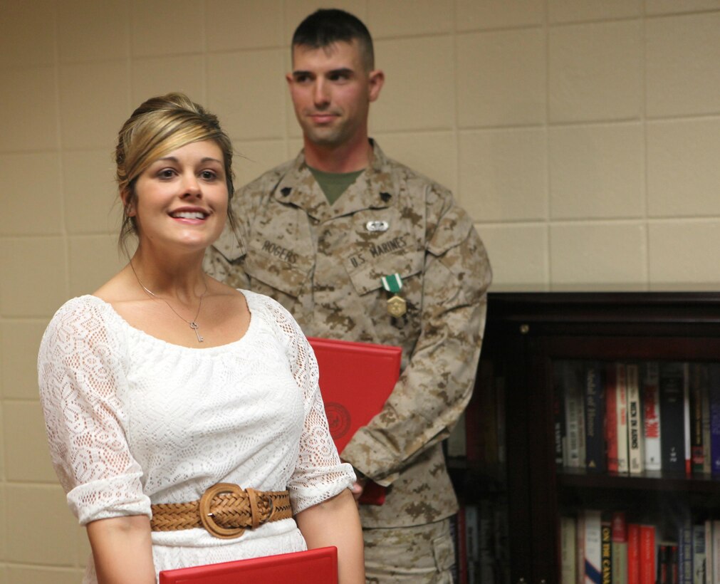 Anastasia Rogers was awarded with a certificate of commendation from the commanding officer of Infantry Training Battalion, School of Infantry-East March 25. Anastasia Rogers, along with her husband Sgt. David Rogers, saved a man’s life by performing cardio pulmonary resuscitation.