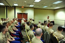 Brig. Gen. Daniel D. Yoo, the commanding general of Marine Corps Recruiting Depot San Diego and Western Recruiting Region, Marine Corps Recruiting Command, talks to Marines of the 9th Marine Corps District headquarters and Recruiting Station Kansas City, at the Hilton Kansas City Airport, May 8. Yoo, along with Sgt. Maj. Sylvester D. Daniels, the sergeant major of MCRD San Diego, traveled throughout the 9MCD to discuss current issues.