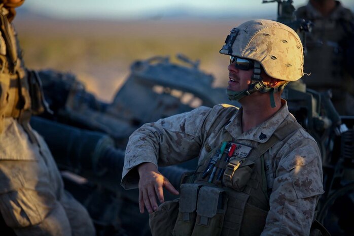 Sergeant Mark Armstrong, a section chief serving with Kilo Battery, 3rd Battalion, 12th Marine Regiment, attached to 2nd Battalion, 11th Marines, recently returned from back-to-back deployments. Armstrong, a native of Hills, Iowa, works with the M777 Lightweight Howitzer and high mobility artillery rocket system. He recently participated during Exercise Desert Scimitar, a combined-armed training exercise.