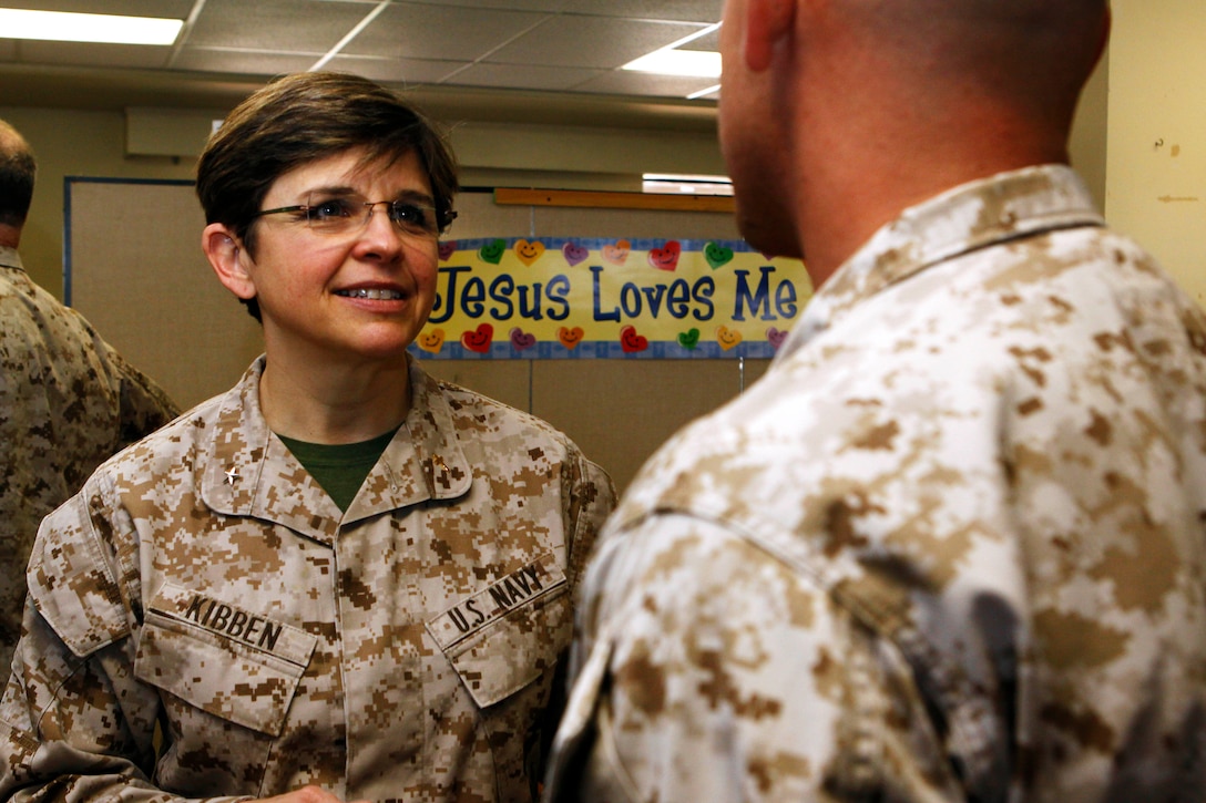Rear Adm. Margaret Kibben, Chaplain of the Marine Corps, visits chaplains and religious programs specialists at the Religious Development Center here to discuss spiritual resiliency in the Corps on May 6.

