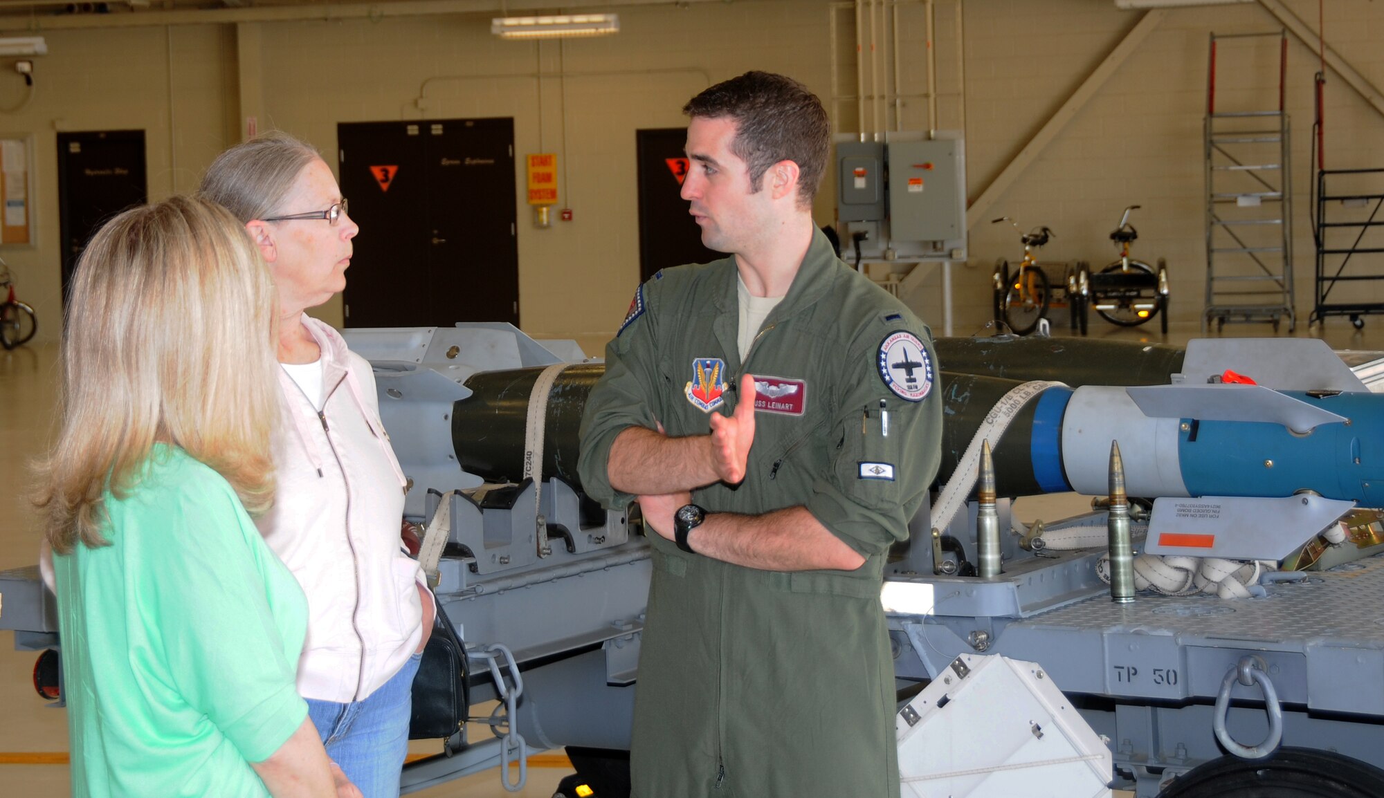1st Lt. Russ Leinart, 188th Operations Group, speaks to a group of teachers from Westwood Elementary in Greenwood, Ark. The teachers toured the 188th Fighter Wing April 29. They received a mission briefing from Lt. Col. Brian Burger, 188th Operations Group commander, and got the chance to learn about the A-10C Thunderbolt II “Warthogs.” (U.S. Air National Guard photo by Senior Airman John Hillier/188th Fighter Wing Public Affairs)