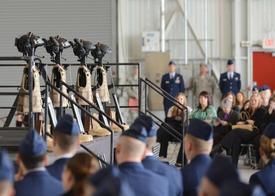 A memorial service honoring four fallen Airmen was held May 6, 2013, at Beale Air Force Base, Calif. Capt. Brandon Cyr, Capt. Reid Nishizuka, Staff Sgt. Richard Dickson and Staff Sgt. Daniel Fannin perished in a plane crash outside Kandahar Airfield, April 29, 2013. (U.S. Air Force photo/John Schwab)