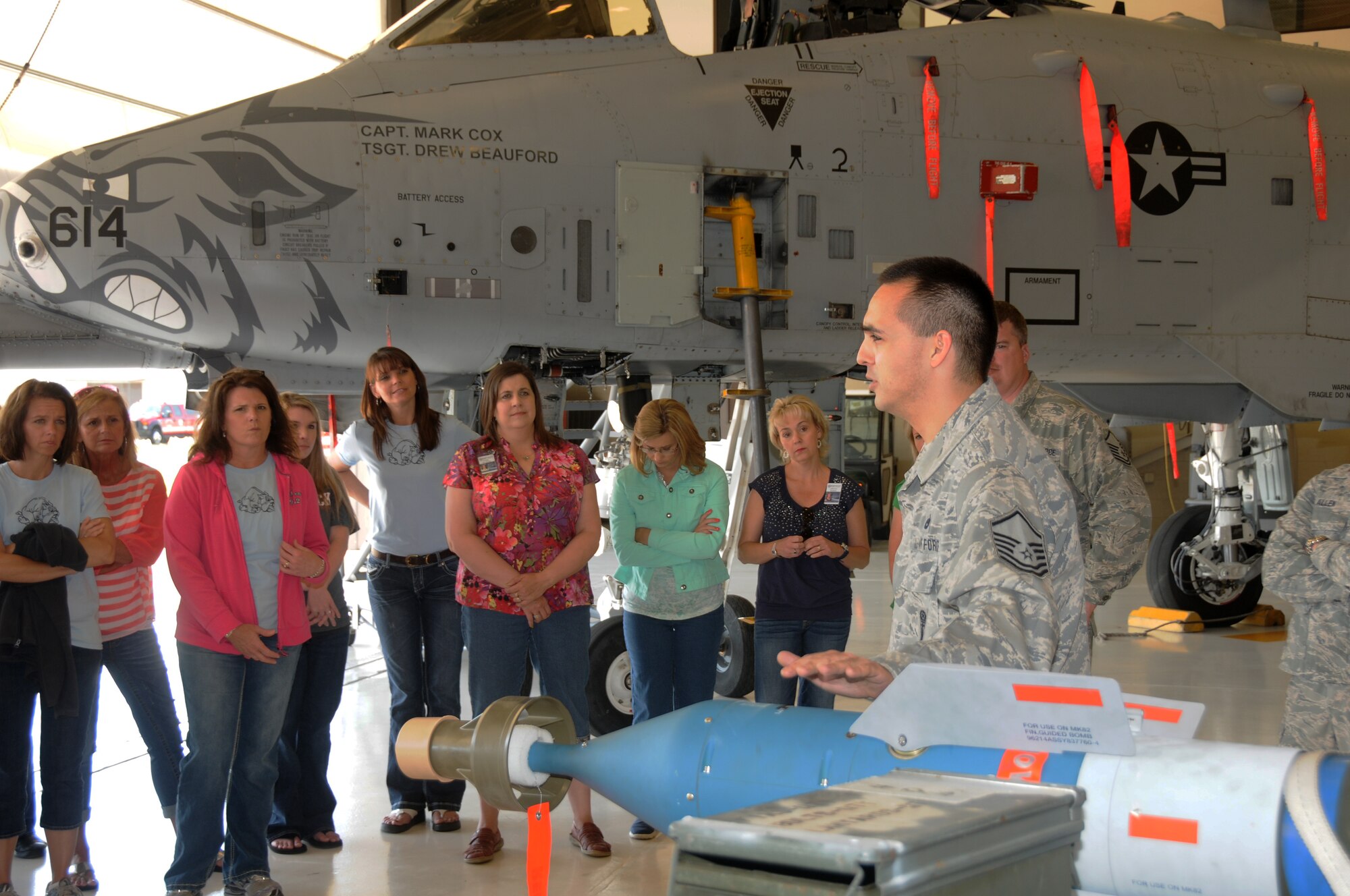 Master Sgt. Michael Aponte of the 188th Maintenance Group speaks to a group of teachers from Westwood Elementary in Greenwood, Ark. The teachers toured the 188th Fighter Wing April 29. They received a mission briefing from Lt. Col. Brian Burger, 188th Operations Group commander, and got the chance to learn about the A-10C Thunderbolt II “Warthogs.” (U.S. Air National Guard photo by Senior Airman John Hillier/188th Fighter Wing Public Affairs)