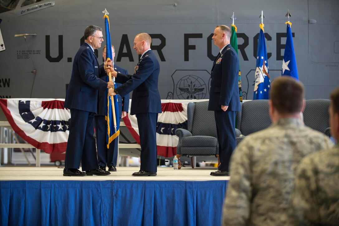 Maj. Gen. Gary T. Magonigle, Assistant Adjutant General, Washington Air National Guard presides over the 141st Air Refueling Wing Change of Command ceremony at Fairchild Air Force Base, Spokane, Wa. May 4, 2013. Col. Richard W. Kelly relinquished command to Col. Daniel J. Swain during the ceremony. With the change, Col. Swain became the wing's 27th commander since it first received federal recognition Aug 6, 1924. The primary purpose a change of command ceremony is to allow subordinates to witness the formal transfer of total responsibility, authority, and accountability from one officer to another. (U.S. Air Force photos by Master Sgt. Michael Stewart/Released)


