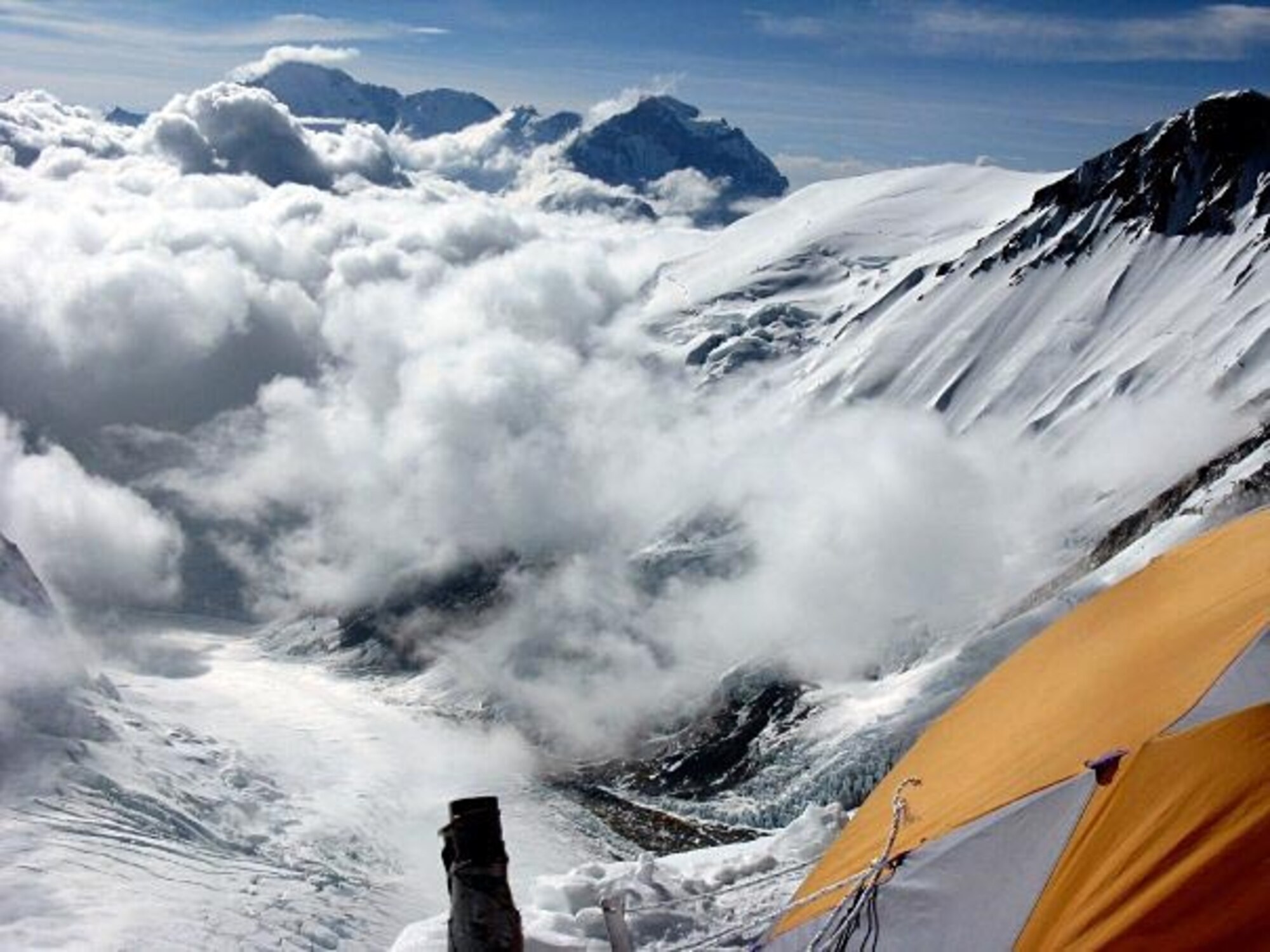 The view from Camp 3, looking back toward Camp 2 and the Khumbu Icefall. (Photo by Justin Merle, IMG)
