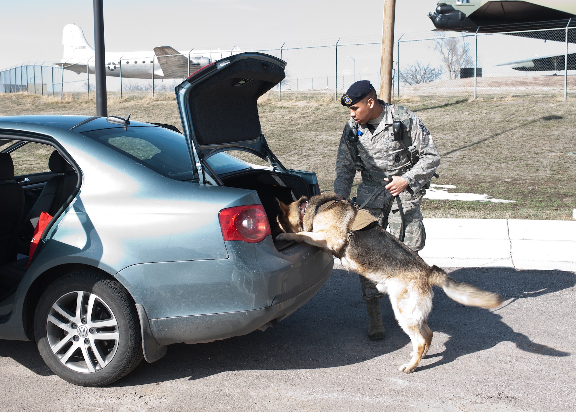 Staff Sgt. Michael Gwin, 28th Security Forces Squadron military working dog handler, directs his dog, Rex, to search the truck of a car during a random vehicle inspection on Ellsworth Air Force Base, S.D., April 25, 2013. 28th SFS members conduct random vehicle inspections to ensure illegal substances. (U.S. Air Force photo by Airman 1st Class Alystria Maurer/Released)  