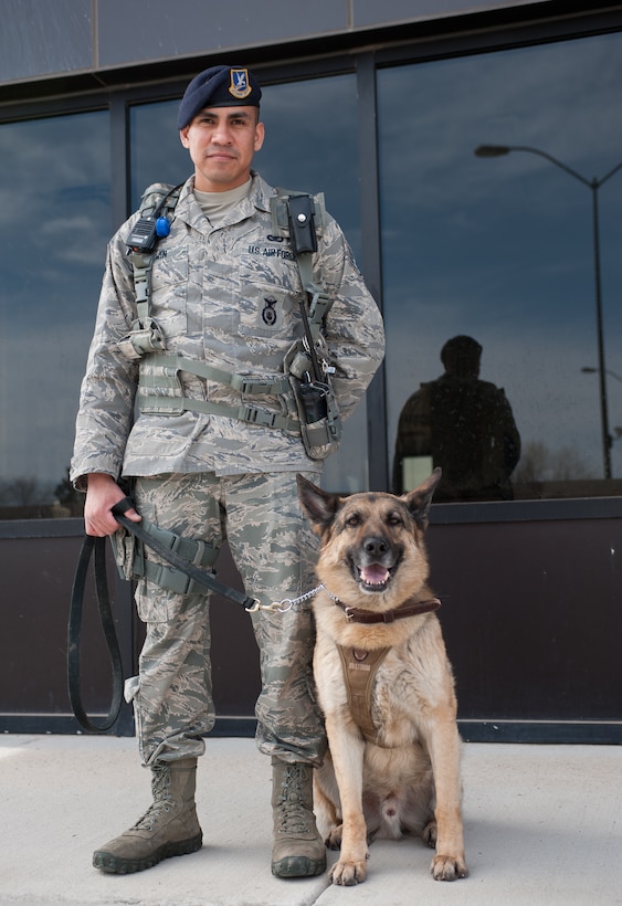 Staff Sgt. Michael Gwin, 28th Security Forces Squadron military working dog handler and his dog Rex stand at the Liberty Gate at Ellsworth Air Force Base, S.D., April 25, 2013. Gwin and Rex were posted at the gate to conduct vehicle inspections and ensure no contraband is brought onto base. (U.S. Air Force photo by Airman 1st Class Alystria Maurer/Released)  