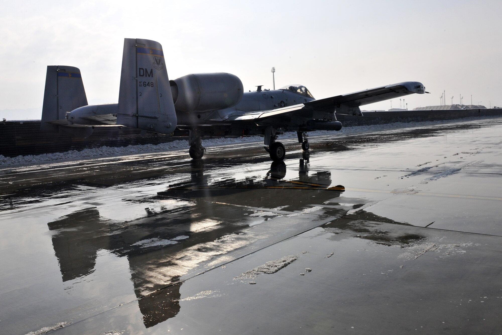 An A-10 Thunderbolt II taxis to its parking spot on Bagram Airfield, Afghanistan, Jan. 17, 2013. With a wide combat radius and short takeoff and landing capability, the A-10 can operate in and out of locations near the front lines. (U.S. Air Force photo/Senior Airman Chris Willis)