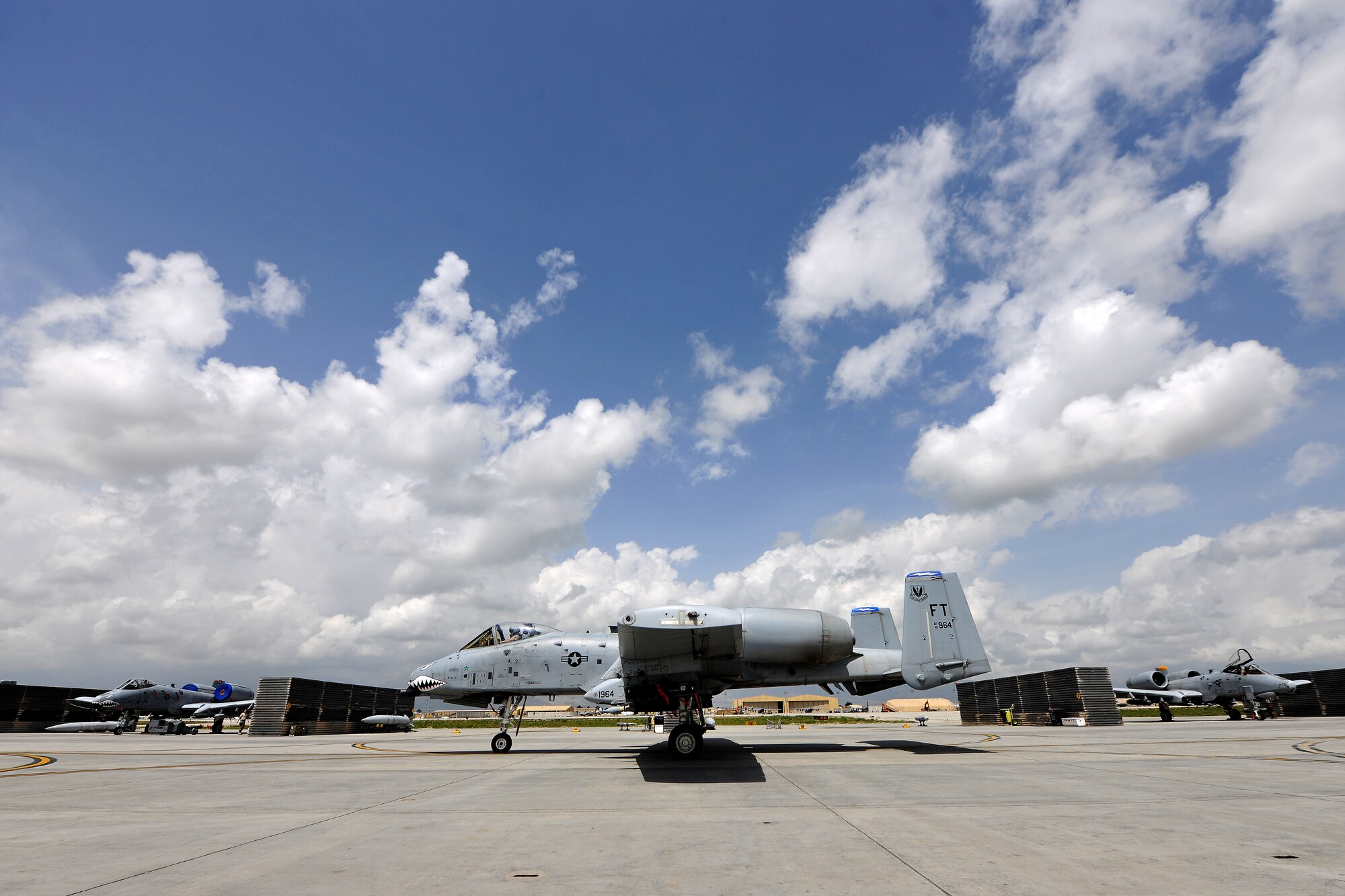 An A-10 Thunderbolt II taxis to the flightline in preparation for takeoff from Bagram Airfield, Afghanistan, April 25, 2013. With a wide combat radius and short takeoff and landing capability, the A-10 can operate in and out of locations near the front lines. (U.S. Air Force photo/Senior Airman Chris Willis)
