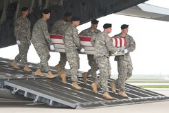 A U.S. Army carry team transfers the remains of Army Spc. Thomas P. Murach, of Meridian, Idaho, at Dover Air Force Base, Del., May 7, 2013. Murach was assigned to the 1st Battalion, 36th Infantry, 1st Brigade Combat Team, 1st Armored Division, Fort Bliss, Texas. (U.S. Air Force photo/Roland Balik)