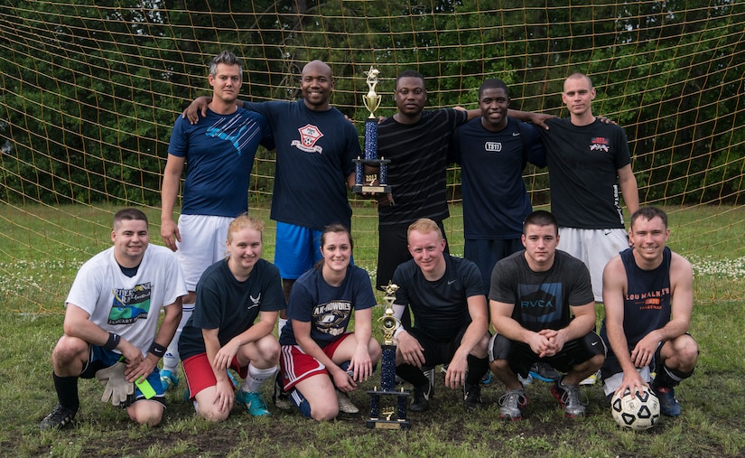 The 628th Logistics Readiness Squadron intramural soccer team gathers for  a group photo after the championship game May 2, 2013 at Joint Base Charleston – Air Base, S.C. The 628th LRS soccer team defeated the 437th APS soccer team 8 – 2 win in Joint Base Charleston’s 2013 intramural soccer championship game.  (U.S. Air Force photo/Staff Sgt. Rasheen Douglas)