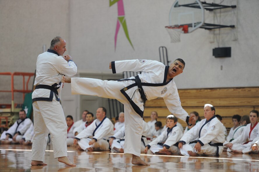 Luis Anguiano performs a kicking demonstration in the Vance gymnasium May 4 during an evaluation to attain the rank of sam da, a 3rd degree black belt in Soo Bakh Doo.  The martial arts students and teachers, part of Soo Bahk Doo Region 6, were participating in a Shim Sa, or an evaluation for promotion to the next belt or rank. Shim Sa's are held during the spring and fall, and this was the first time a Shim Sa for black belts was held on an military installation in the continental U.S. (U.S. Air Force photo/Senior Airman Frank Casciotta)