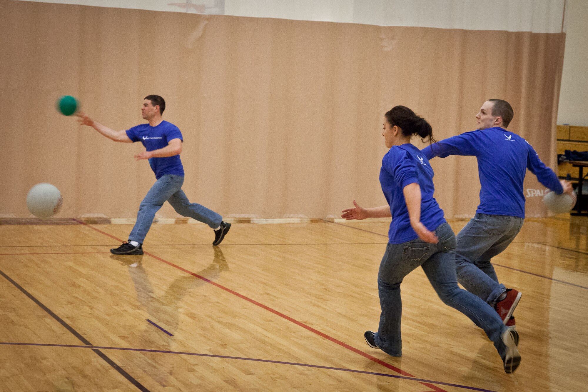 Members of the 934th Development and Training Flight let out some steam, get some exercise, and work on teambuilding while playing dodgeball during the May Unit Training Assembly weekend at the Minneapolis-St. Paul Air Reserve Station, Minn.  (U.S. Air Force photo/Shannon McKay)