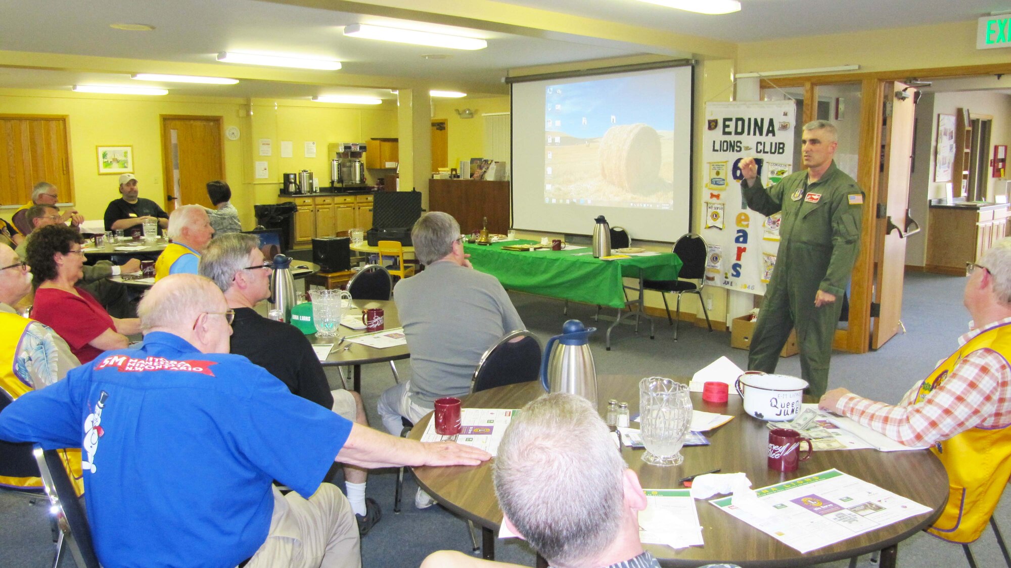 Col. Keith Wesley, 934th Operations Group commander, speaks to the Edina Lions Club May 7 about the mission of the 934th Airlift Wing and C-130 aircraft operations. (Air Force Photo/Paul Zadach)