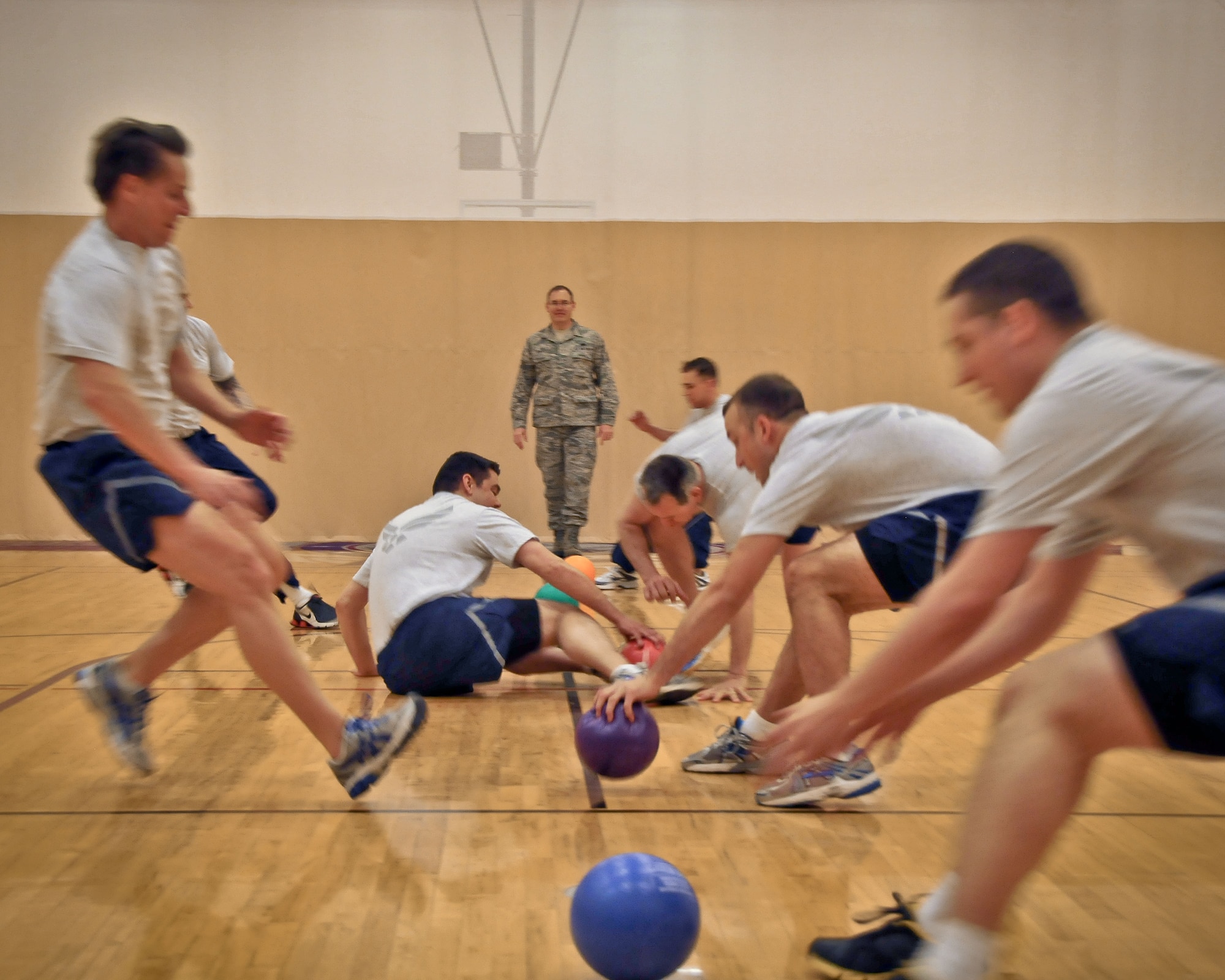 Members of the 934th Operations Group let out some steam and get some exercise while playing team dodgeball during the May Unit Training Assembly weekend at the Minneapolis-St. Paul Air Reserve Station, Minn.  (U.S. Air Force photo/MSgt. Scott Farley)