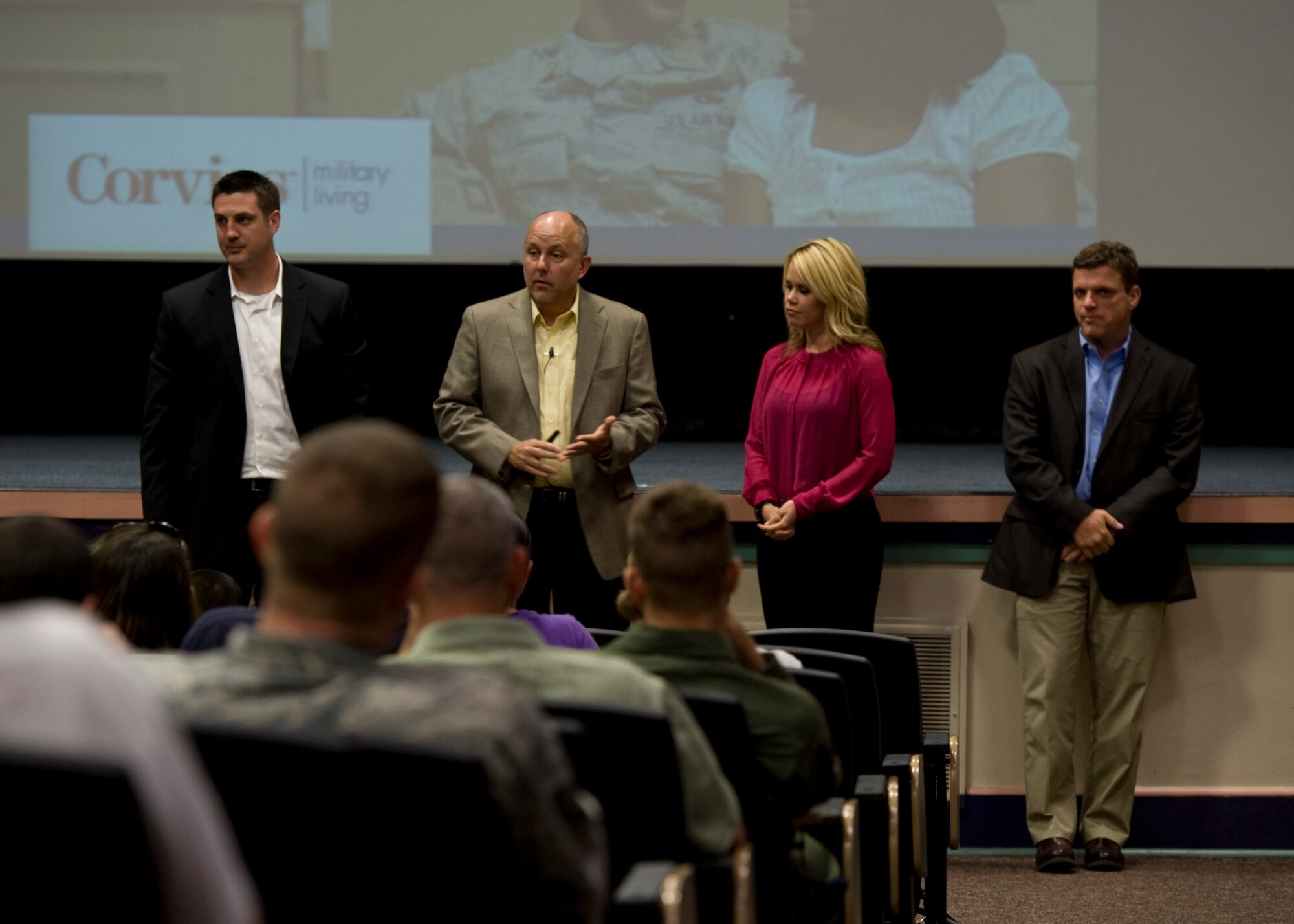 Corvias Military Living’s staff hosts a town hall meeting to provide information and answer resident’s questions at the King Auditorium on Hurlburt Field, Fla., May 6, 2013. The privatized housing company is set to take over base housing sometime in the fall and has already begun construction on new housing. (U.S. Air Force Photo/Staff Sgt. John Bainter)