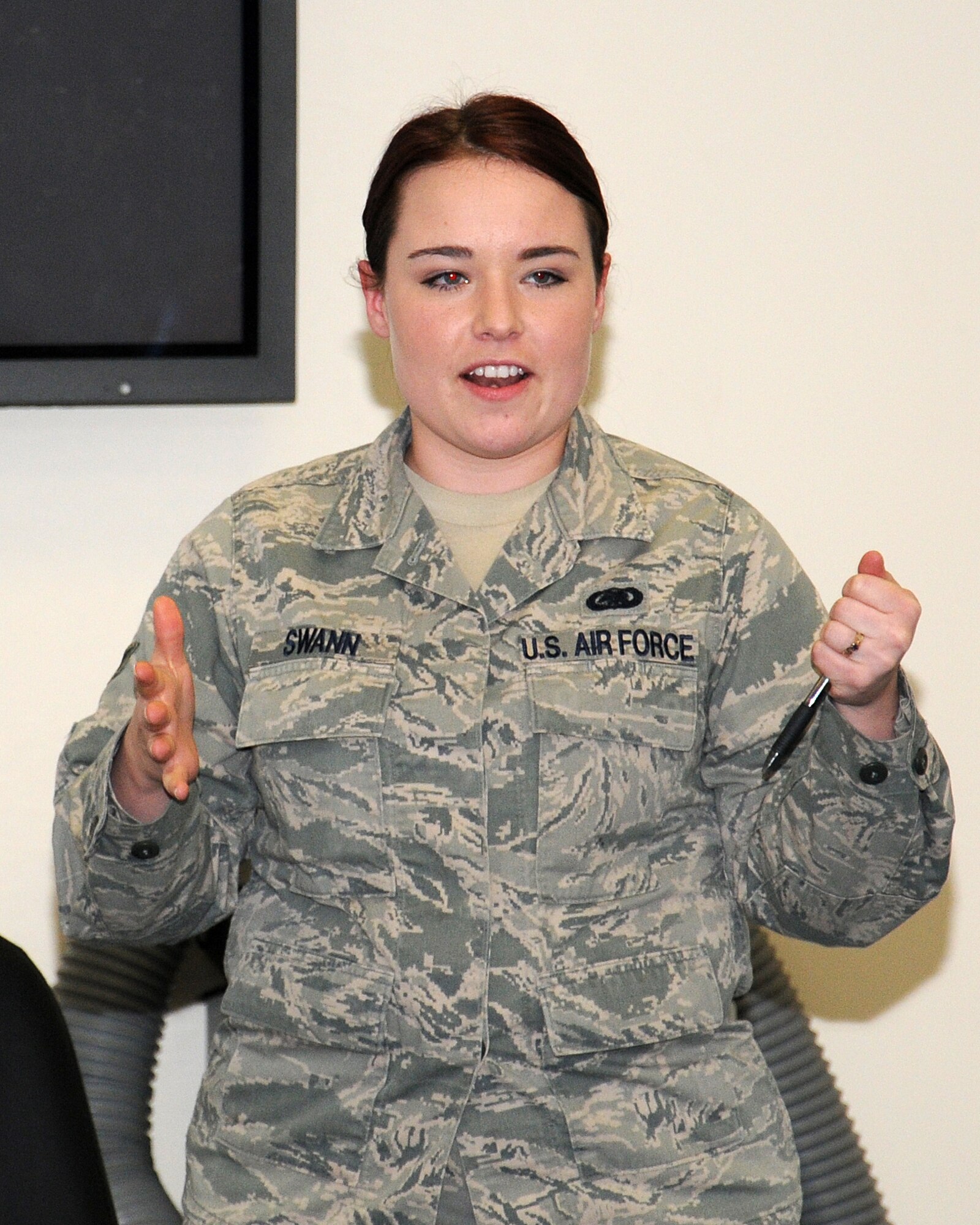 Airman 1st Class Danielle Swann, 100th Logistics Readiness Squadron Wing Deployments technician from Visalia, Calif., discussed the scenarios and pointers section of a unit deployment managers’ training class April 16, 2013, at RAF Mildenhall, England. Swann discussed the day-to-day, mass movement and exercise processes. (U.S. Air Force photo by Gina Randall/Released)