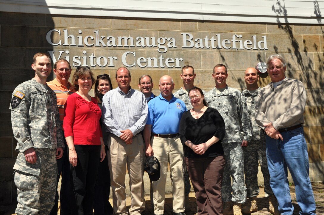 Senior leaders from the U.S. Army Corps of Engineers Nashville District toured the Chickamauga Battlefield April 12, 2013 in a staff leadership exercise arranged by Lt. Col. James A. DeLapp, district commander. From left: Lt. Col. Patrick Dagon, deputy district engineer; Jimmy Waddle, engineering-construction chief,; Valerie Carlton, contracting chief; Joanne Mann, executive assistant/congressional liaison; Mike Abernathy, real estate chief; Mike Wilson, deputy district engineer for programs and project management; retired Army Lt. Col. Edwin L. Kennedy, Jr., assistant professor , Department of Command and Leadership at Redstone Arsenal, Ala., and tour guide; Capt Allen Stansbury, construction representative, Wolf Creek Dam Rehabilitation Project; Tammy Kirk, librarian; Lt. Col. James A. DeLapp, district commander; Capt. Corey Wolff, project officer and quality assurance representative, Cheatham Lock and Resource Manager’s Building Project; and Bill Woodard, district counsel.