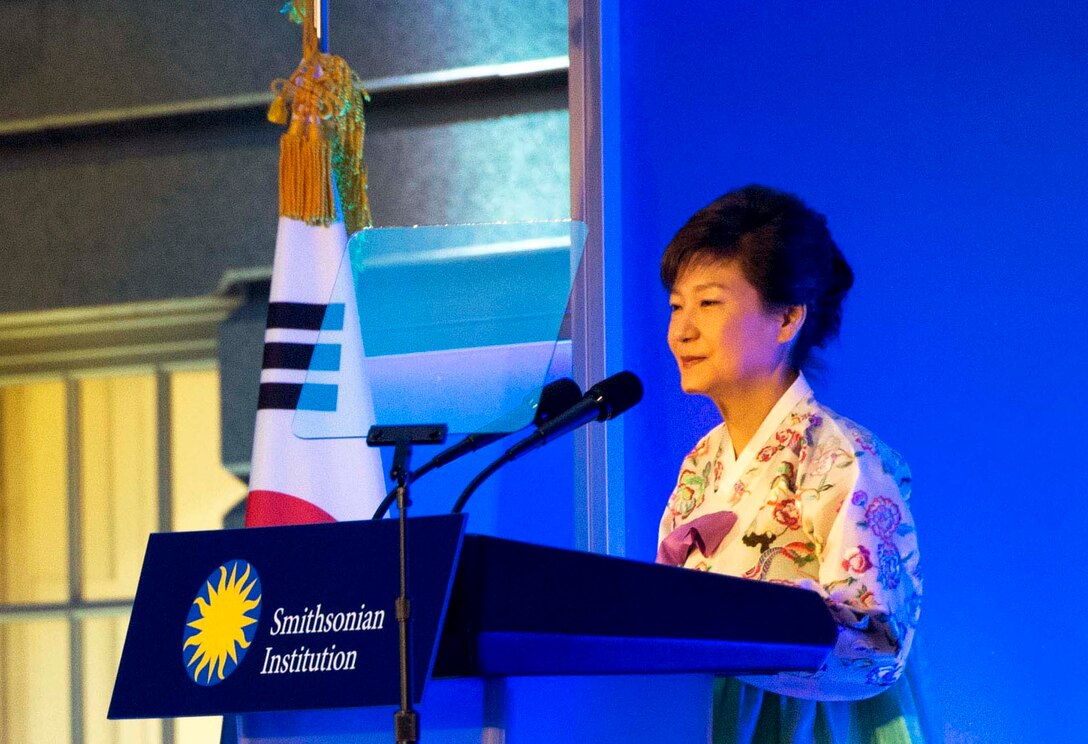 South Korean President Park Geun-hye speaks during the 60th anniversary gala honoring the U.S.-South Korea alliance at the National Portrait Gallery in Washington, D.C., May 7, 2013. 