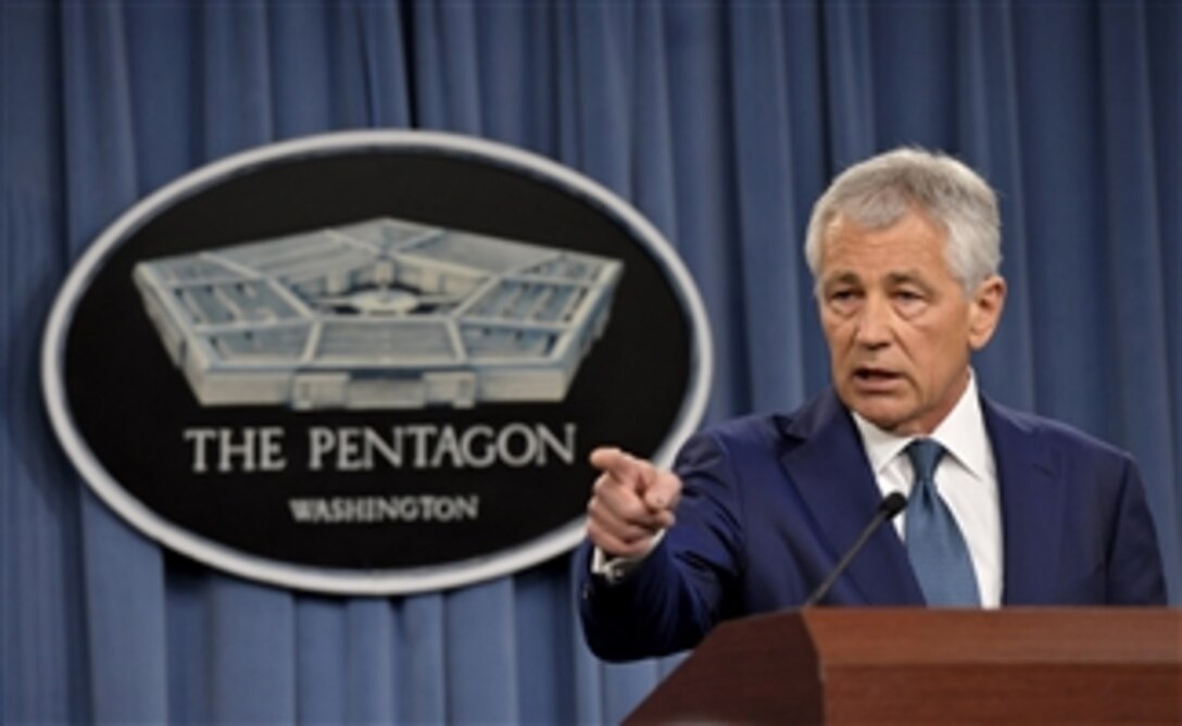 Secretary of Defense Chuck Hagel takes questions from reporters on the recently announced DoD Sexual Assault Prevention Initiatives during a press conference in the Pentagon on May 7, 2013.  Hagel wants leaders throughout the DoD to take this seriously and stressed the department will hold them responsible for putting in place programs to prevent sexual assault and to treat victims of the crime with compassion and justice.  