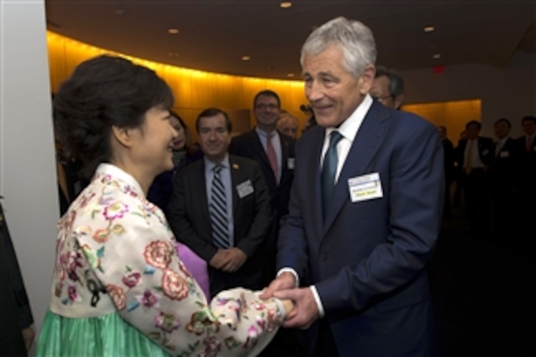 Secretary of Defense Chuck Hagel greets Republic of Korea President Park Guen-hye at the 60th Anniversary Gala of the U.S.-Republic of Korea Alliance in the National Portrait Gallery in Washington, D.C., on May 7, 2013.  Hagel will meet with Park to discuss U.S.-South Korea security concerns prior to the event.  
