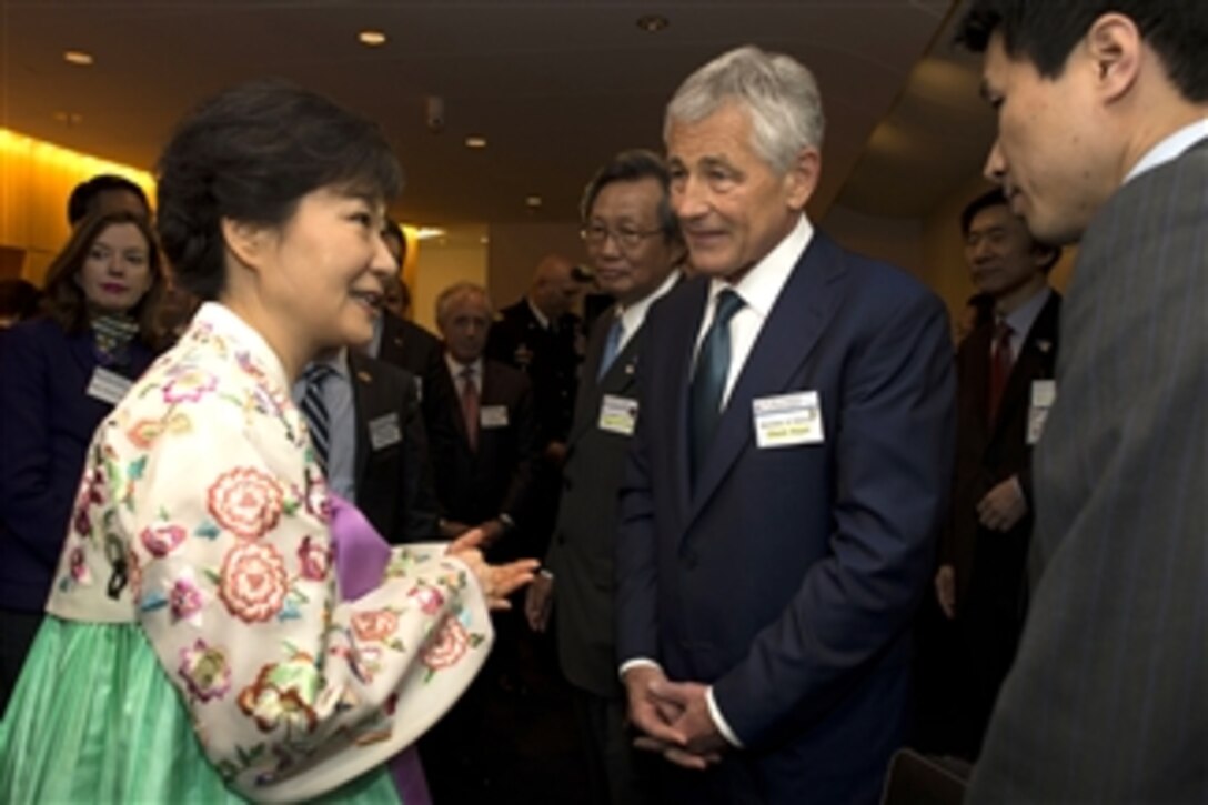 Secretary of Defense Chuck Hagel speaks with Republic of Korea President Park Guen-hye at the 60th Anniversary Gala of the U.S.-Republic of Korea Alliance in the National Portrait Gallery in Washington, D.C., on May 7, 2013.  Hagel will meet with Park to discuss U.S.-South Korea security concerns prior to the event.  