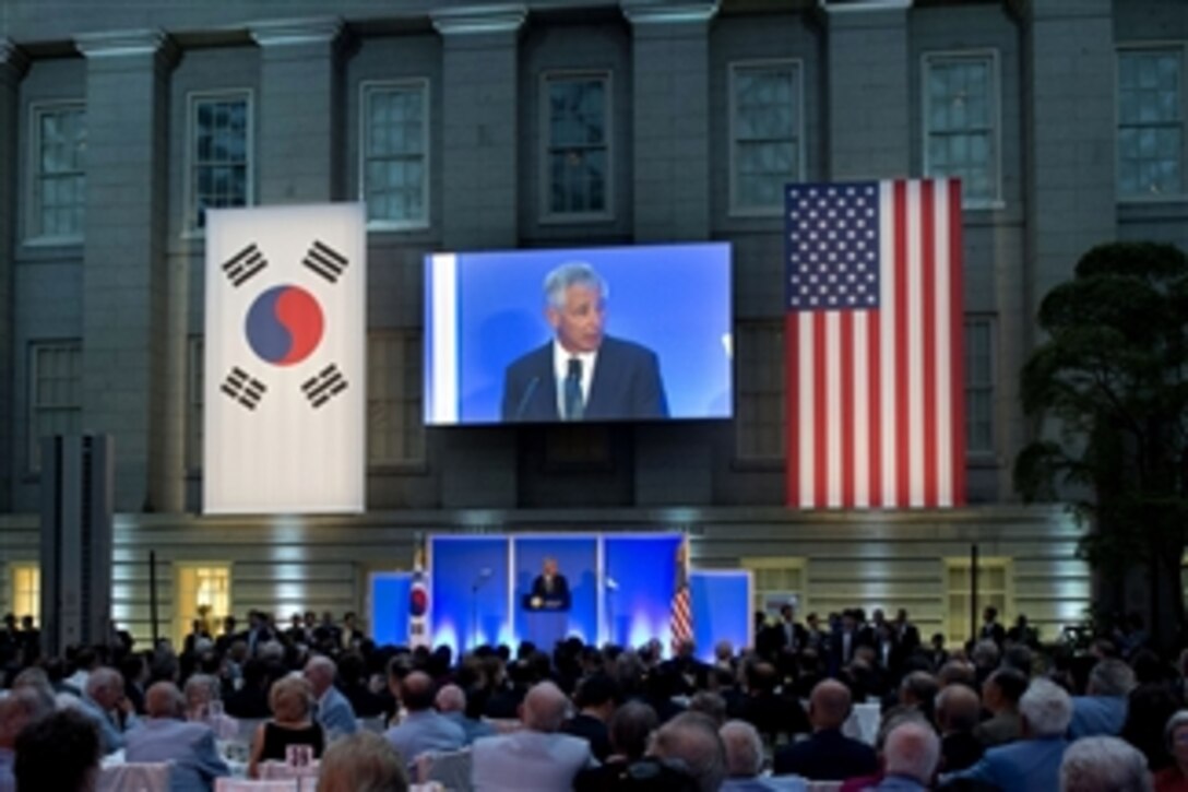 Secretary of Defense Chuck Hagel addresses the audience at the 60th Anniversary Gala of the U.S.-Republic of Korea Alliance hosted by Republic of Korea President Park Guen-hye in the National Portrait Gallery in Washington, D.C., on May 7, 2013.  Hagel met with Park to discuss U.S.-South Korea security concerns prior to the event.  
