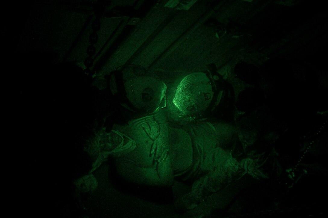 Chemical, biological, radiological and nuclear defense specialist U.S. Marines assigned to the 26th Marine Expeditionary Unit (MEU), prepare to move a simulated casualty onto a Skedco during a confined space search and rescue exercise aboard the USS Kearsarge (LHD 3), at sea, May 9, 2013. The 26th MEU is deployed to the 5th Fleet area of operations aboard the Kearsarge Amphibious Ready Group. The 26th MEU operates continuously across the globe, providing the president and unified combatant commanders with a forward-deployed, sea-based quick reaction force. The MEU is a Marine Air-Ground Task Force capable of conducting amphibious operations, crisis response and limited contingency operations. (U.S. Marine Corps photograph by Cpl. Kyle N. Runnels/Released)