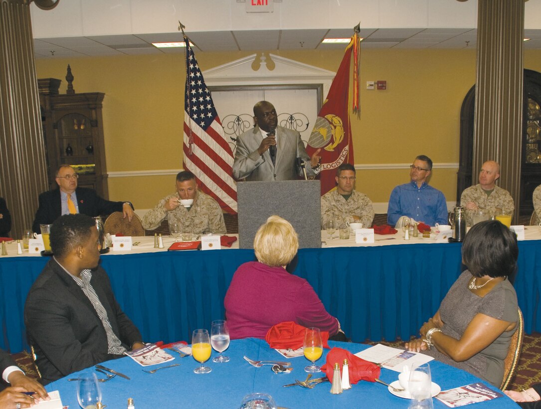 Victor L. Powell, presiding bishop, Rhema Word Cathedral, in Albany,?Ga., and guest speaker at Marine Corps Logistics Base Albany’s National Day of Prayer Breakfast, addresses attendees at the Town and Country Restaurant’s Grand Ballroom, here, May 2.