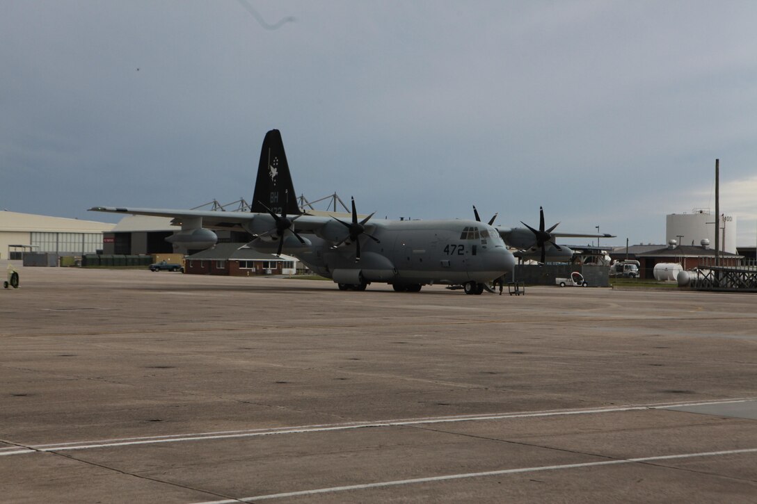A KC-130J Hercules with Marine Aerial Refueler Transport Squadron 252 is parked on the Cherry Point flight line May 7. 