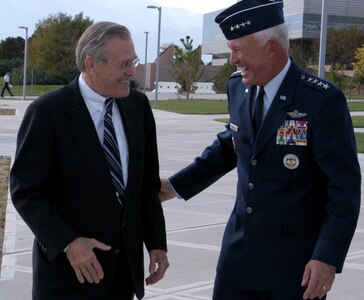 U.S. Air Force General Ralph Eberhart and Secretary of Defense Donald Rumsfeld at Peterson Air Force Base, Colo.