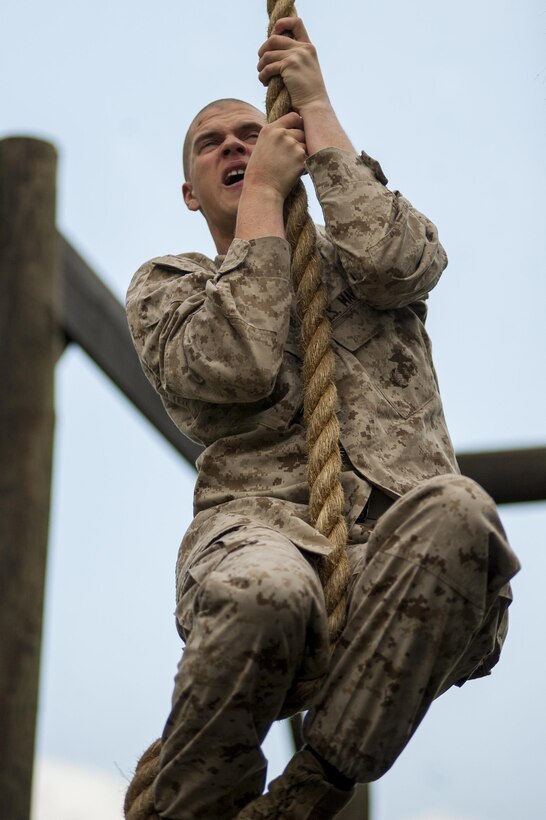 Pfc. Brett Wilson, a Company B infantryman, overcomes a challenge on the Obstacle Course at Marine Corps Base Quantico, Va. May 8. Marines with B Co., Marine Barracks Washington, D.C., endured a day of training at MCB Quantico. The exercise included repetitions of the o-course, a 5-mile endurance course, the Leadership Reaction Course, and a live, AT-4 fire for the squad leaders.