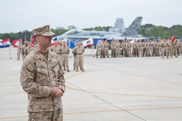 Lt. Col. Joshua Riggs, Marine Fighter Attack Squadron 251 commanding officer, relieves
Lt. Col. Simon Doran during a change and command ceremony, May 3. Doran
will continue his career as a post-graduate student at the Air Warfare College.