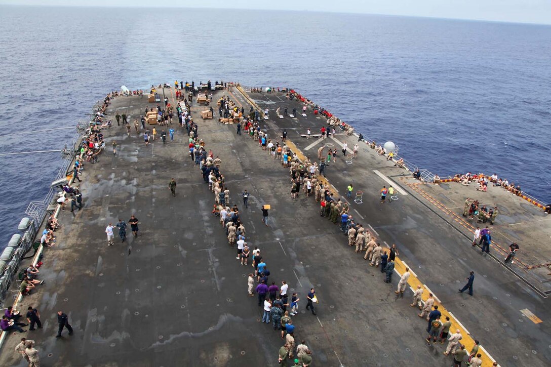 Servicemembers, their families and friends attend a steel beach picnic aboard USS Peleliu, May 8. During the last leg of the deployment, families and friends came aboard the ship to experience life on the Peleliu and to learn what their Marine or sailor has accomplished during the past seven months. The 15th MEU is comprised of approximately 2,400 Marines and sailors and is deployed as part of the Peleliu Amphibious Ready Group. Together, they provide a forward-deployed, flexible sea-based Marine Air Ground Task Force capable of conducting a wide variety of operations ranging from humanitarian aid to combat. (U.S. Marine Corps photo by Cpl. Timothy Childers / Released)