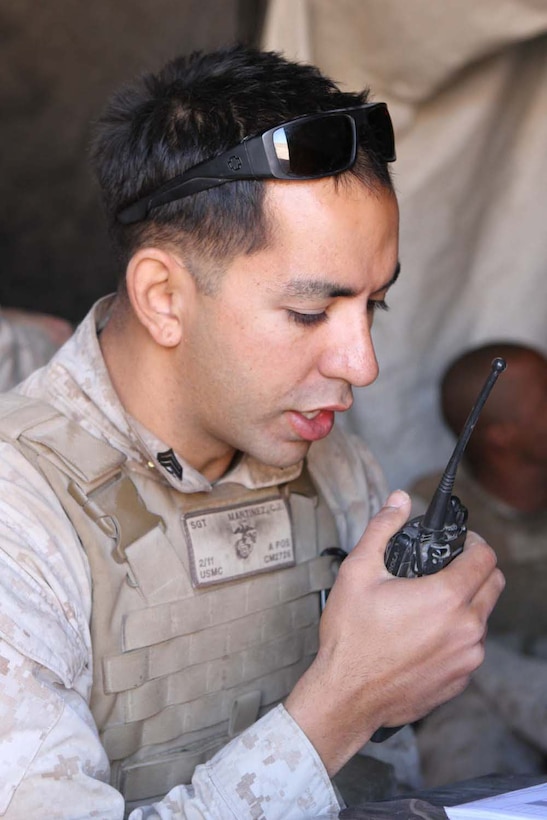 Sergeant Christopher Martinez, the operations chief serving with the fire direction center with 2nd Battalion, 11th Marine Regiment, and a native of Orange County, Calif., sends a fire mission to the gunline during Exercise Desert Scimitar, a combined-arms, live-fire training exercise here, May 2, 2013. The FDC receives target data from forward observers and computes it into firing commands for the gunline. The data has to compensate for wind speed, air pressure, temperature, humidity and other weather conditions that will effect the round during its flight.