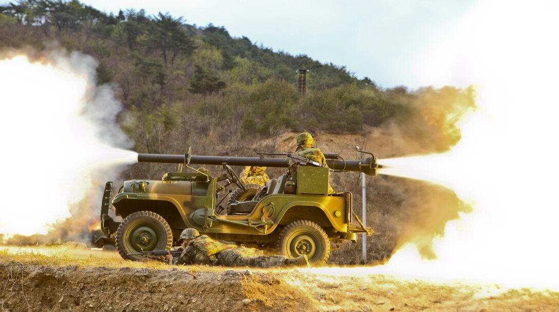 Republic of Korea Marines fire 105 millimeter rockets while participating in a demonstration for U.S. Marines with Battalion Landing Team 1st Battalion, 5th Marines, 31st Marine Expeditionary Unit, during the Korean Marine Exchange Program (KMEP) in Su Sung Ri, Republic of Korea, April 5, 2013. KMEP is a bilateral training exercise conducted in the Republic of Korea to enhance the readiness of both militaries and strengthen interoperability between the U.S. and Republic of Korea.