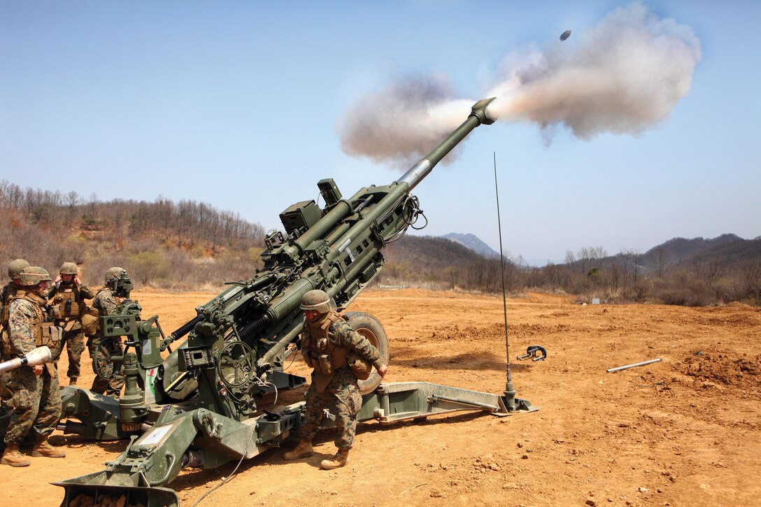 U.S. Marines fire the M777A2 155 mm howitzer April 17 in support of a combined arms live-fire exercise at Rodriguez Live-Fire Complex during Korean Marine Exchange Program 13-5, which was part of Exercise Ssang Yong 13. The Marines are with Alpha Battery, 1st Battalion, 12th Marine Regiment, 3rd Marine Division, III Marine Expeditionary Force. Photo by Lance Cpl. Jose D. Lujano