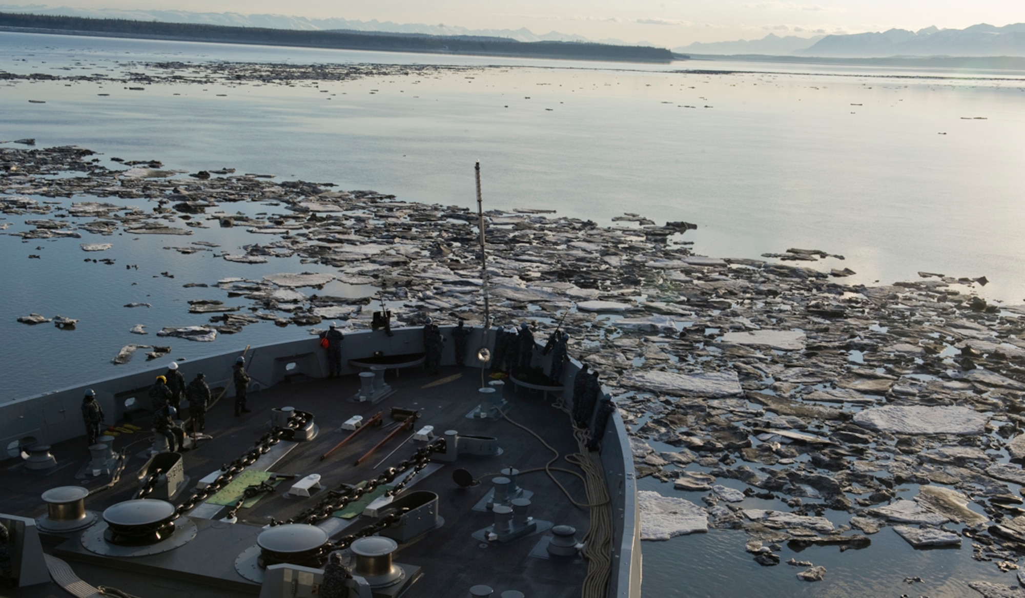 The USS Anchorage, an amphibious landing craft, travels through the Cook Inlet May 1, 2013. The USS Anchorage came to the Port of Anchorage for a commissioning ceremony in the city it was named after. (U.S. Air Force photo/Staff Sgt. Zachary Wolf)