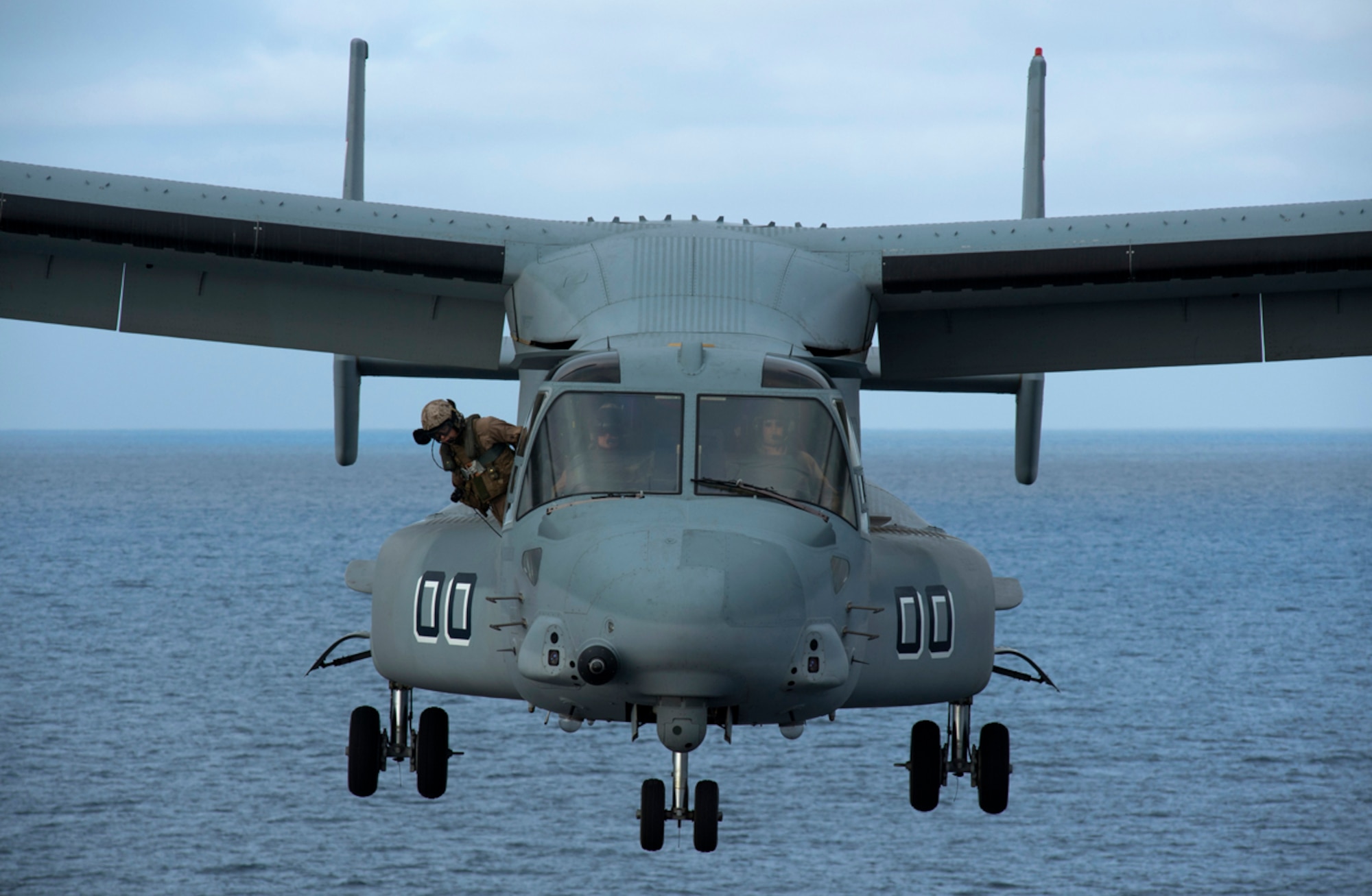 PACIFIC OCEAN (April 22, 2013) An MV-22 Osprey assigned to Marine Vertical Lift Squadron (VMM) 161 approaches to land on the flight deck of the San Antonio-class amphibious transport dock ship Pre-Commissioning Unit (PCU) Anchorage (LPD 23). Anchorage is en route to its namesake city of Anchorage, Alaska, for its commissioning ceremony May 4. The MV-22 is a joint service, multi-mission aircraft with vertical take off and landing capability due to its tilting rotors. The Osprey has twice the range of helicopters, and with a cruising speed of 272 knots, is more than 100 knots faster. (U.S. Navy photo/Petty Officer 1st Class James R. Evans)
