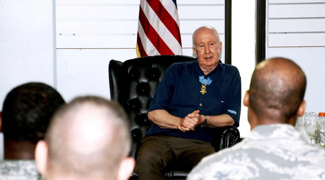 Retired U.S. Army Staff Sgt. Don Jenkins, one of the 85 living Medal of Honor recipients, speaks to approximately 40 senior NCOs about his experiences as a young Soldier and expressed his opinion on senior leadership to members of Andersen’s Top Three at the Sunrise Conference Center, on Andersen Air Force Base, Guam, May, 3, 2013. Jenkins spoke with the Top Three organization as part of a visit to Joint Region Marianas. (U.S. Air Force photo by Airman 1st Class Mariah Haddenham/Released)
