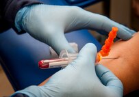 Blood is drawn at Laughlin Air Force Base, Texas, May 8, 2013. The American Nurses Association and Laughlin have declared the week of May 6 through 12 as National Nurses and Technicians Week to celebrate the safe, high quality care provided to patients. (U.S. Air Force photo/Airman 1st Class John D. Partlow)