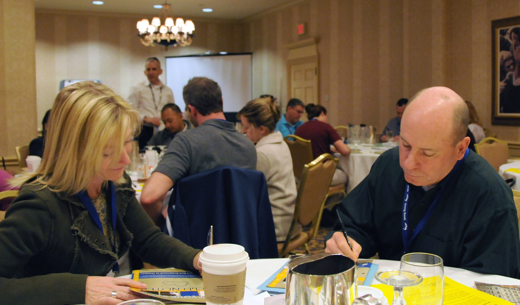 Col. Malcolm "Tim" Burr, Army Reserve Sustainment Command Information Analysis Response Team director, right, and his wife, Julianne, joined more than a dozen military couples at the strong bond event hosted by the Army Reserve's 99th Regional support Command May 3-4, 2013, at the Omni-Parker Hotel in Boston. The chaplain-led Strong Bonds program is designed to help soldiers and their families build relationship resiliency and readiness through education and skills training that enhance communication and offer constructive ways to handle stress. (U.S. Army courtesy photo/Released)