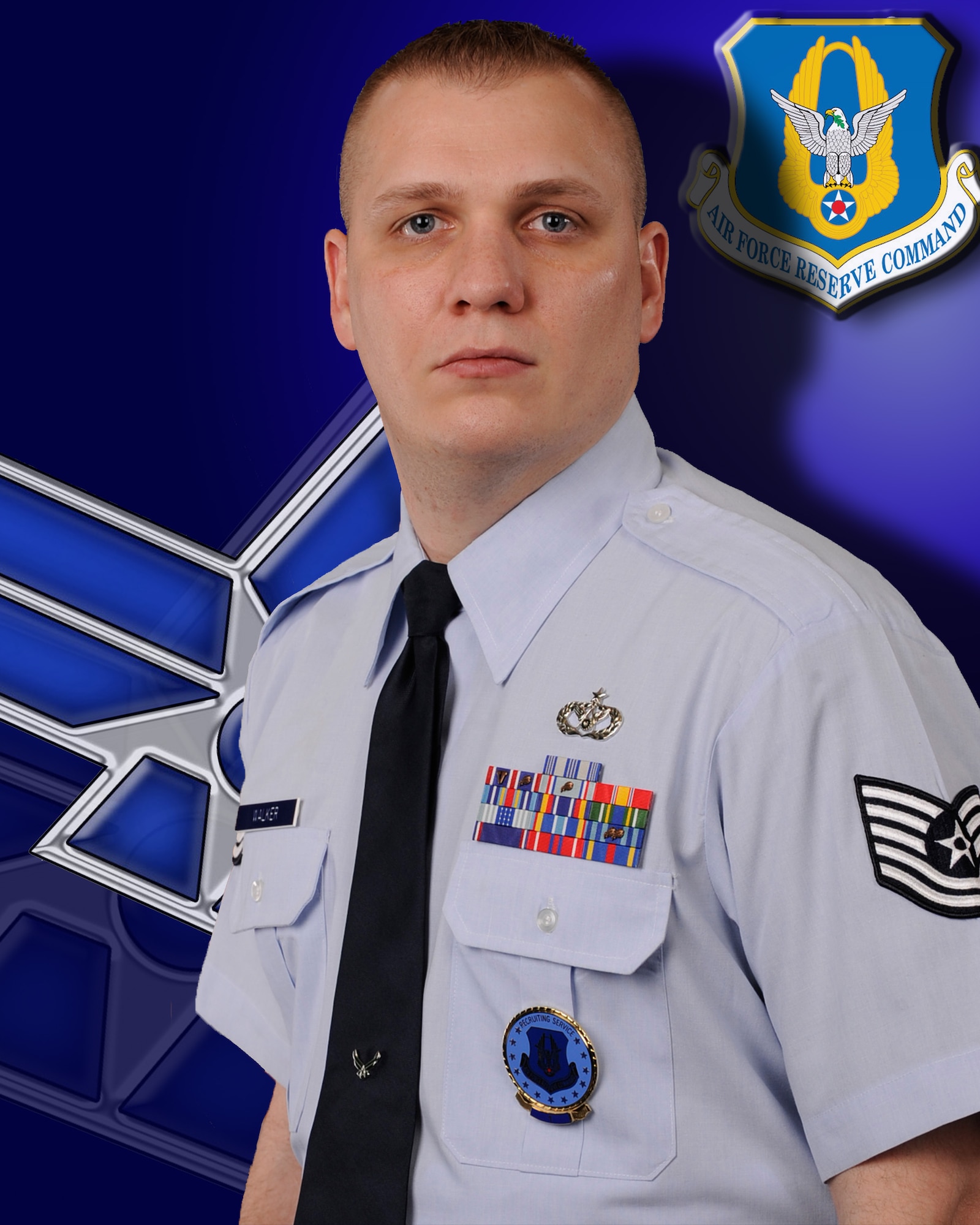 U.S. Air Force Tech. Sgt. Jeffrey Walker, United States Air Force Reserve Recruiter, poses for his official photo March 14, 2012, at Mountain Home Air Force Base, Idaho. Walker has been recruiting here since December 1, 2011, and has continually assisted many active duty Airmen make the transition to the Reserves. (U.S. Air Force graphic by Devin L. Nothstine/Released)